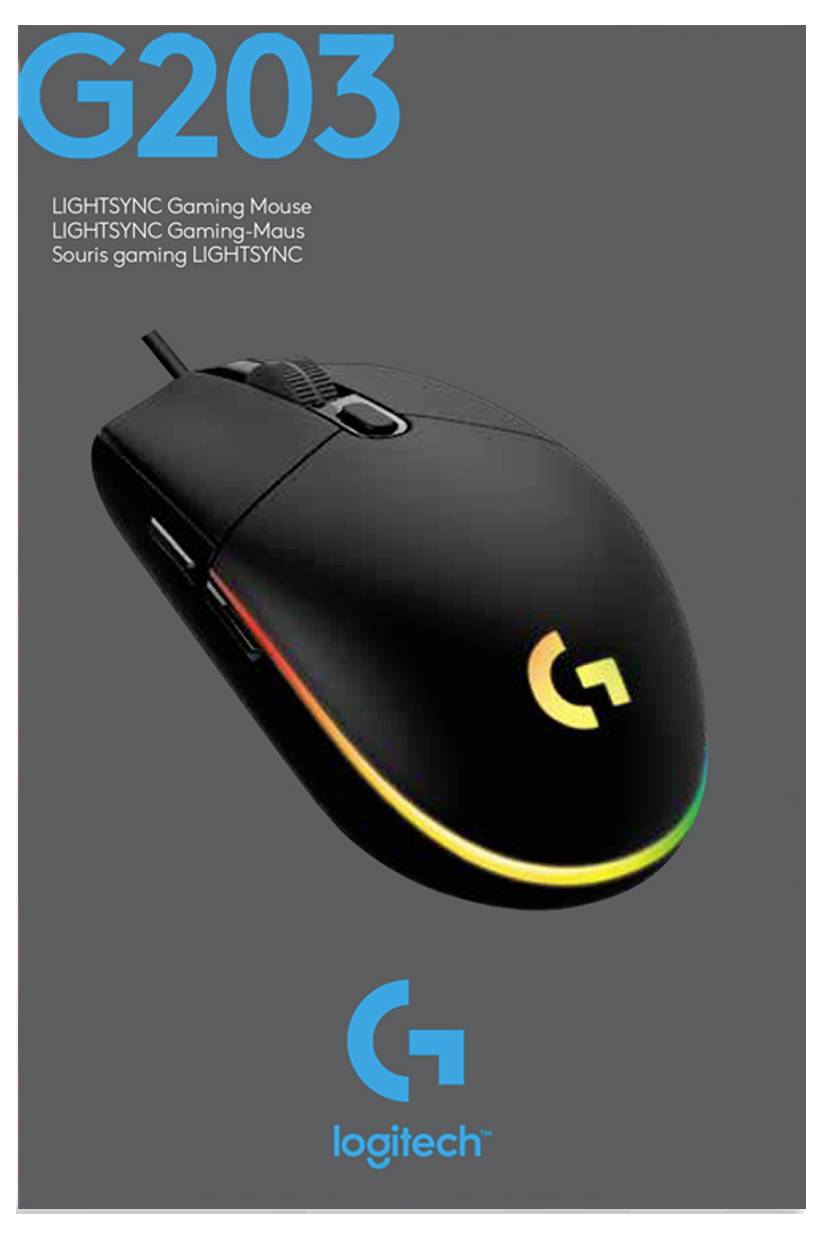 Souris de jeu Logitech G203 LIGHTSYNC sur un fond sombre, avec le nom du produit en haut et le logo Logitech en bas.
