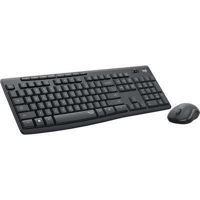 Clavier sans fil et souris Logitech noirs sur un fond blanc.