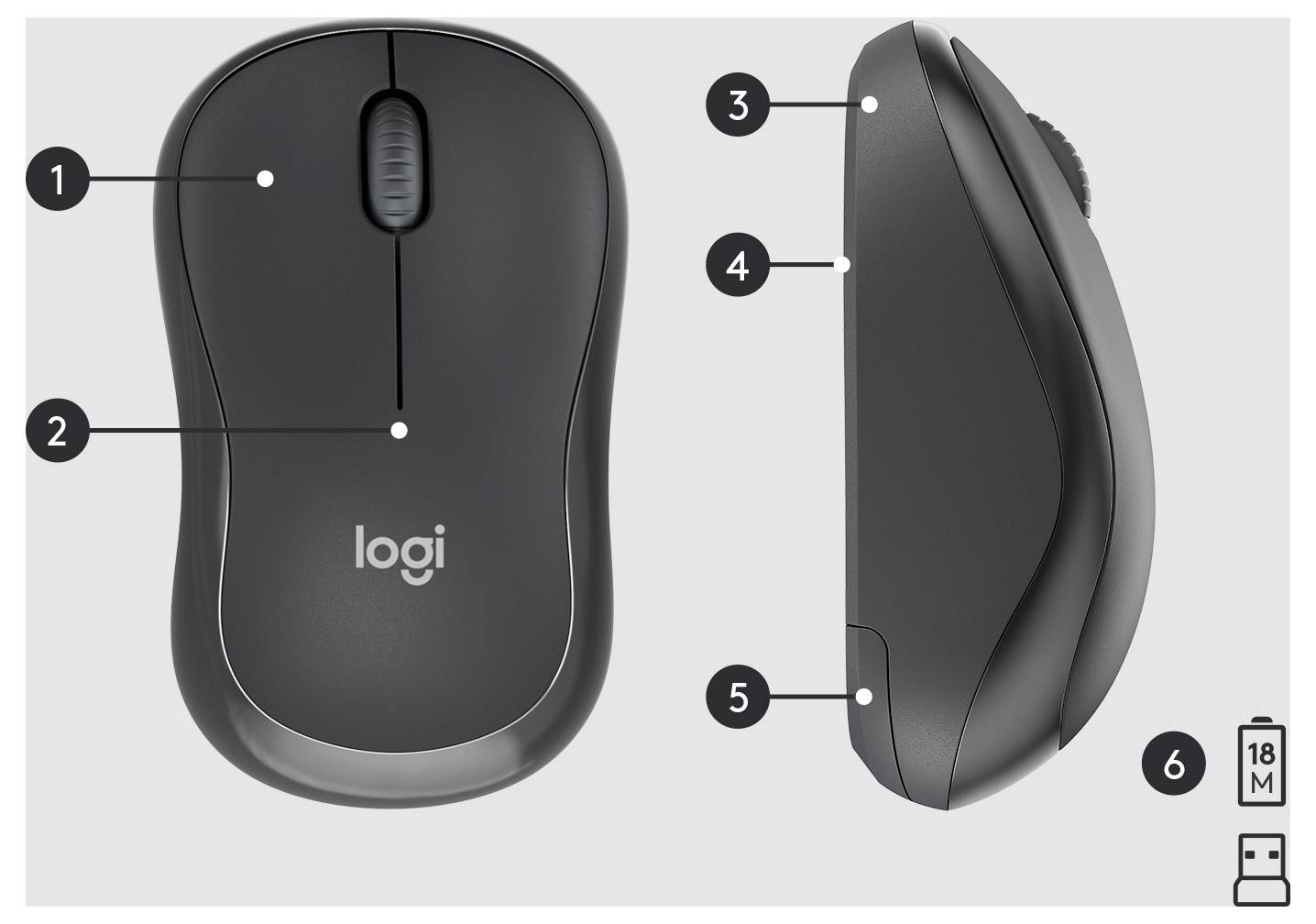 Diagramme étiqueté d'une souris sans fil Logitech montrant les vues de face et de côté avec des légendes numérotées pour les boutons, la molette de défilement et le récepteur USB ; icône indiquant une autonomie de batterie de 18 mois affichée.