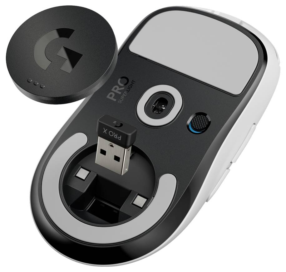Télécommande de présentation sans fil avec récepteur USB ancré dans la base et un couvercle de charge circulaire détaché à côté.