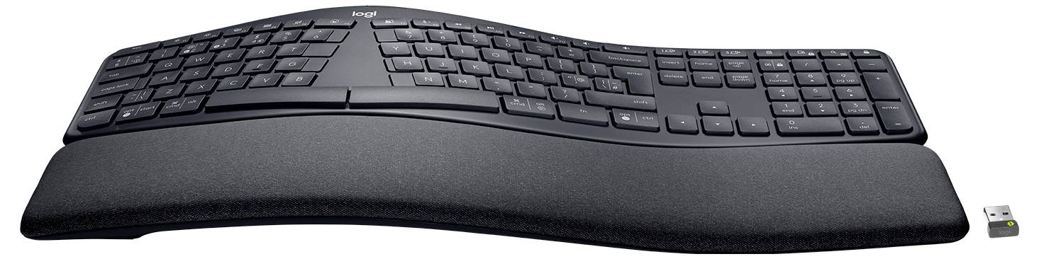 Clavier sans fil ergonomique noir avec disposition des touches divisée et repose-poignet rembourré, présenté avec un récepteur USB sur fond blanc