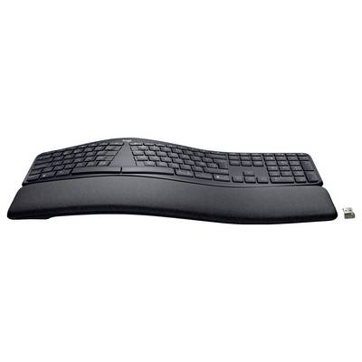 Clavier sans fil ergonomique noir avec disposition des touches divisée et repose-poignet rembourré, présenté avec un récepteur USB sur fond blanc