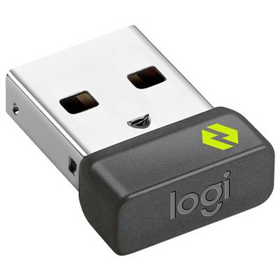 Gros plan d'un dongle récepteur sans fil USB Logitech avec un capuchon noir et un connecteur USB argenté.