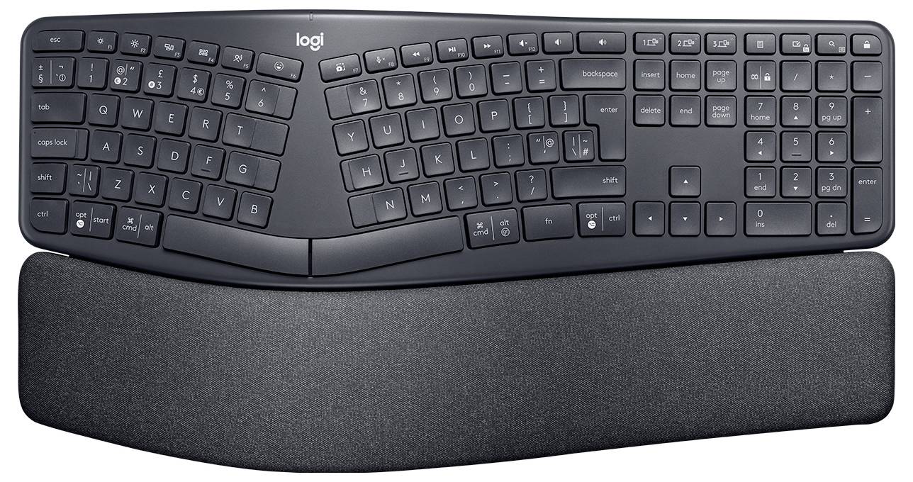 Clavier ergonomique Logitech noir de taille complète avec disposition divisée et incurvée, et repose-poignet rembourré détachable.