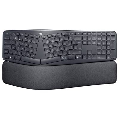 Clavier ergonomique Logitech noir de taille complète avec disposition divisée et incurvée, et repose-poignet rembourré détachable.