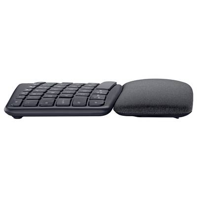 Clavier ergonomique divisé avec un repose-poignet rembourré séparé, présenté en vue latérale sur fond blanc.
