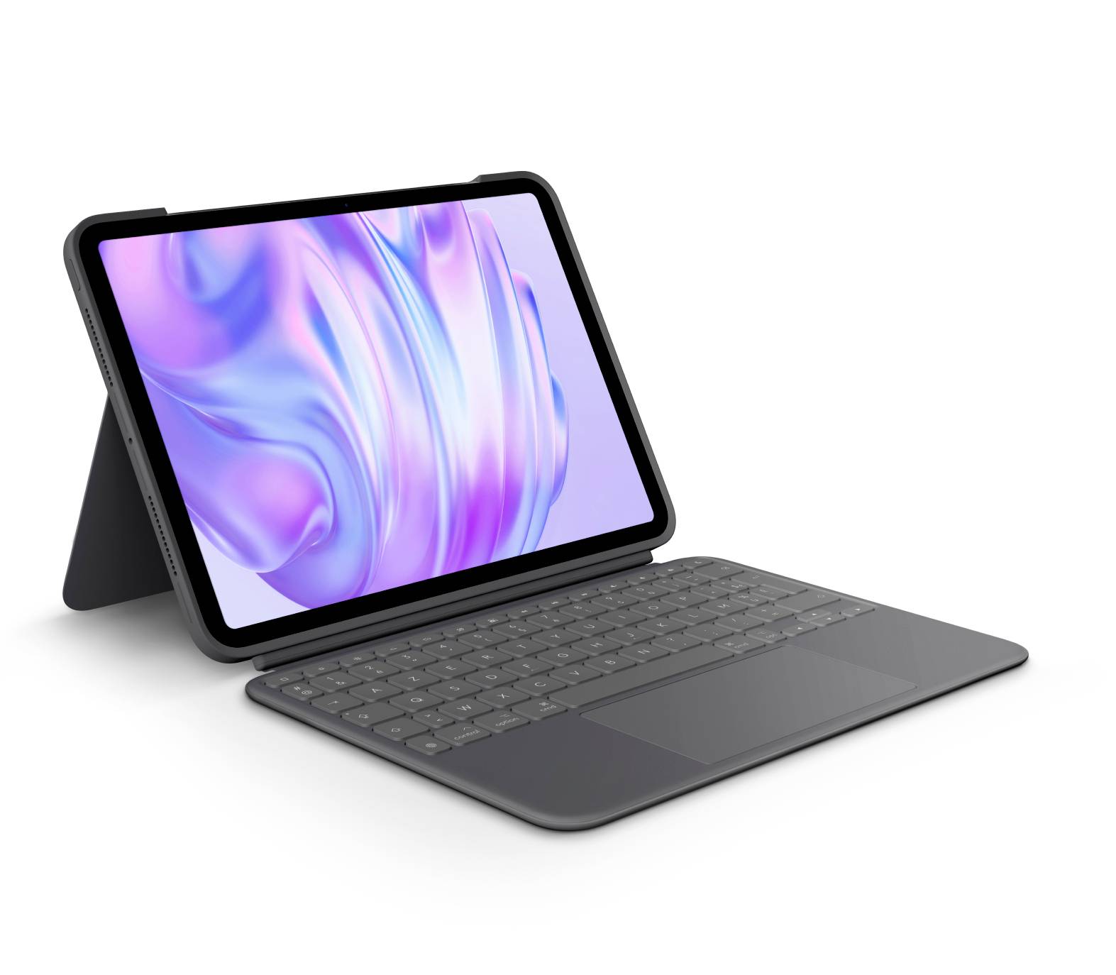 Tablette dans un étui clavier avec support, présentée ouverte en angle sur un fond blanc avec un écran abstrait coloré.