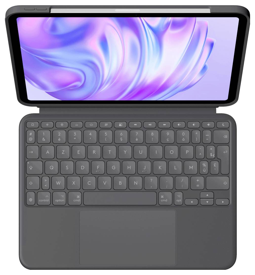 Étui de clavier de tablette gris foncé avec écran paysage intégré, montré en vue de face ouverte.