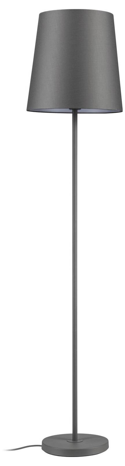 Grand lampadaire noir avec abat-jour cylindrique, tige élancée et base ronde sur fond blanc.