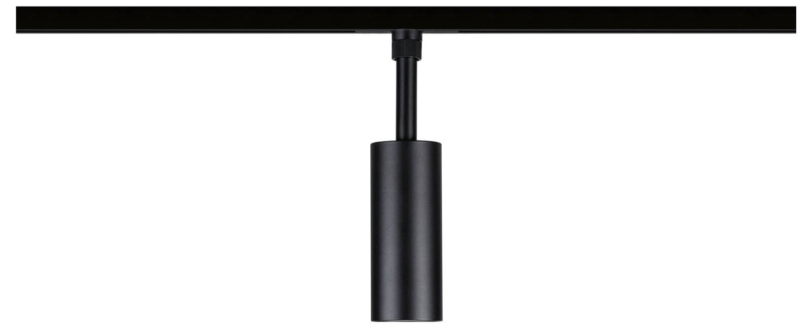 Luminaire suspendu cylindrique noir suspendu à un rail de plafond sur fond blanc