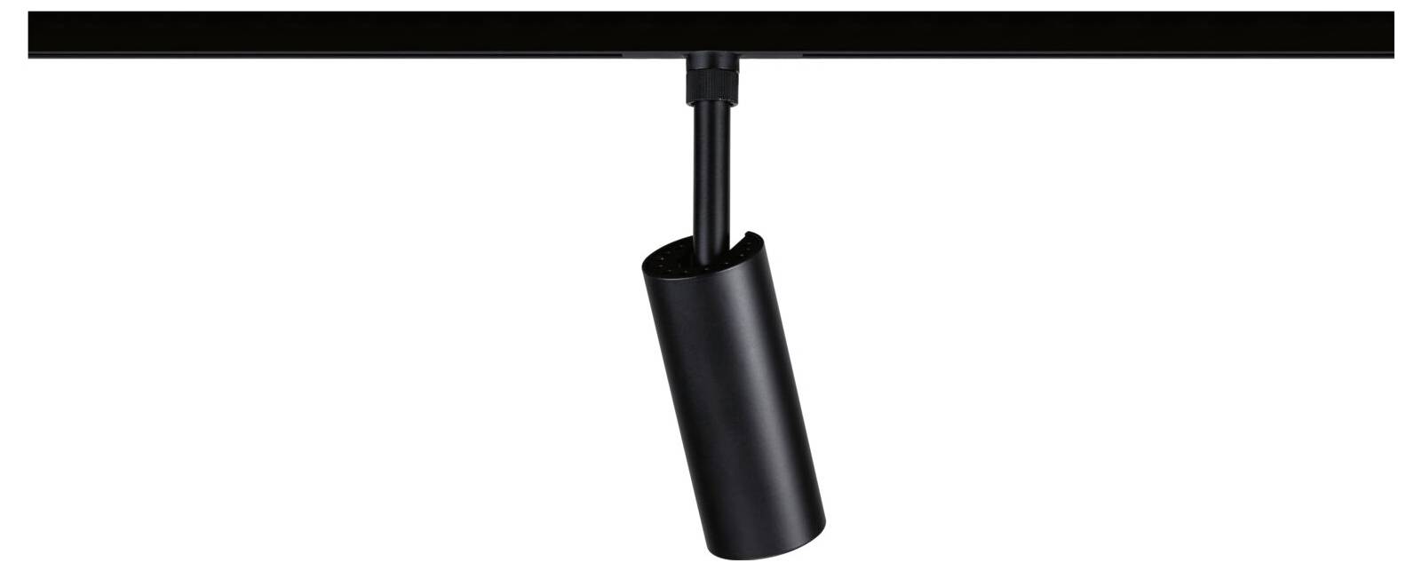 Appareil d'éclairage orientable noir avec une tête de lampe cylindrique montée sur un rail de plafond sur fond blanc.