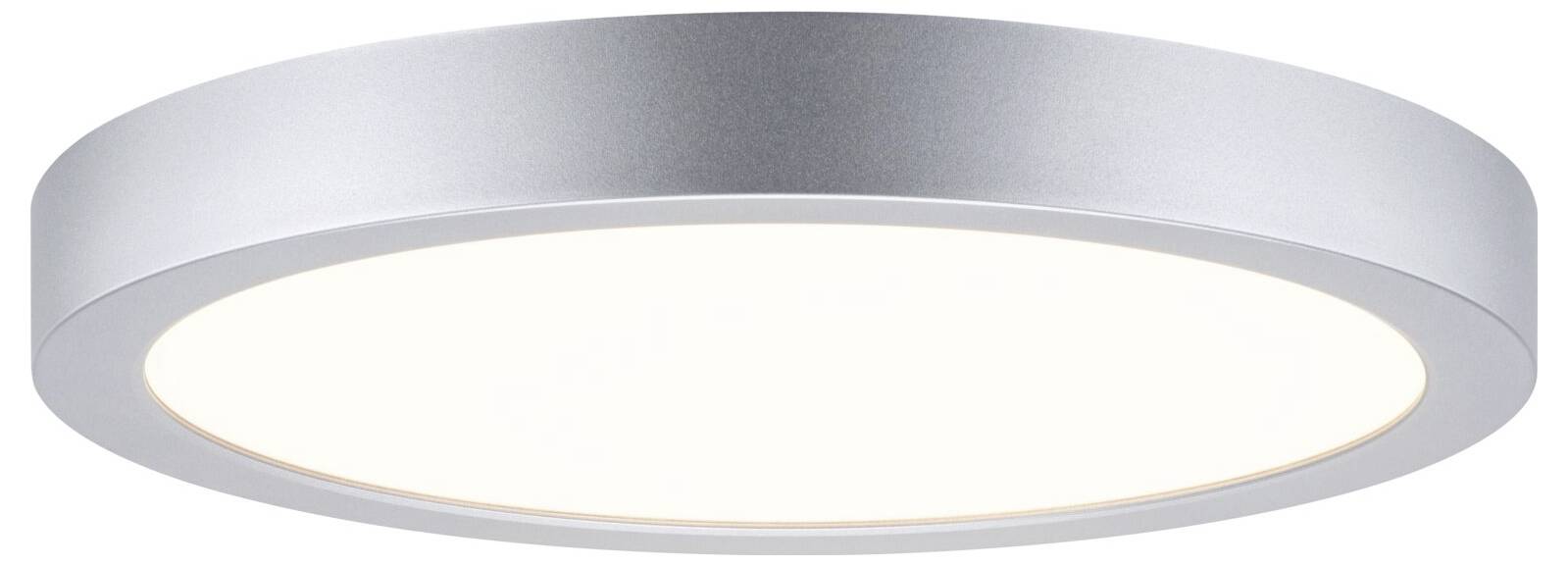 Luminaire de plafond rond encastré avec garniture argentée et diffuseur givré blanc.