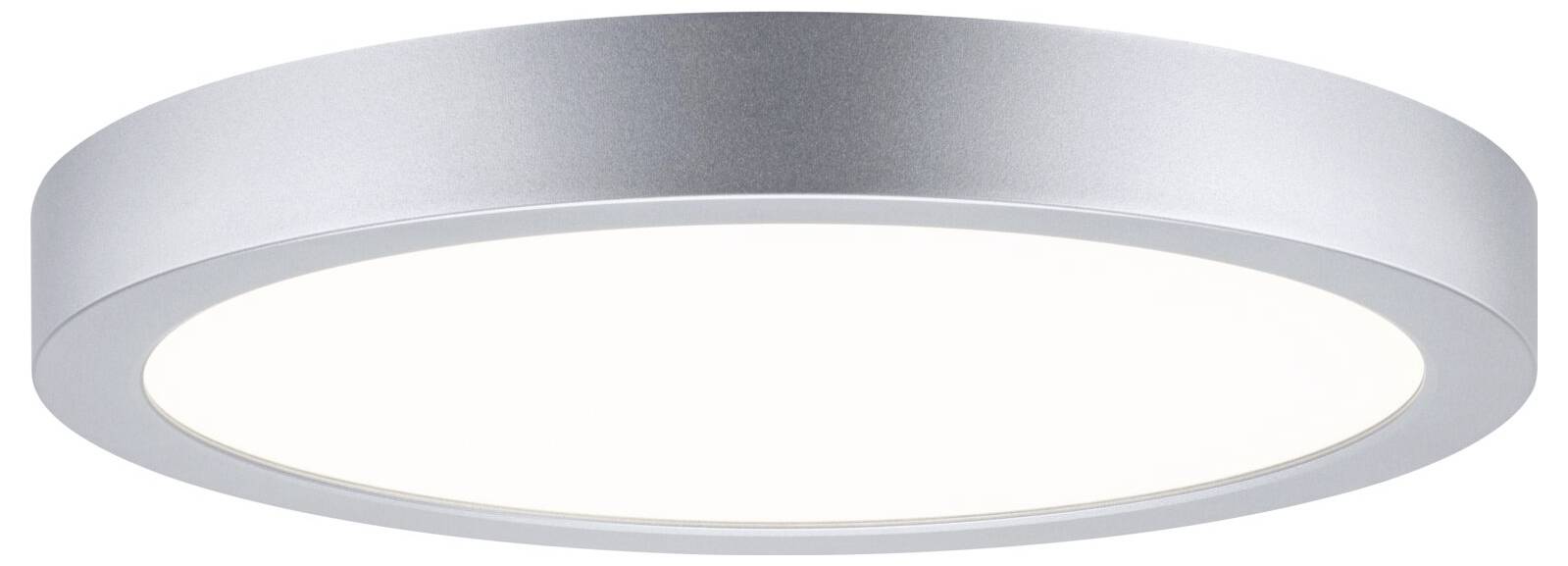 Plafonnier rond en argent avec diffuseur blanc, vu de dessous sur un fond uni.