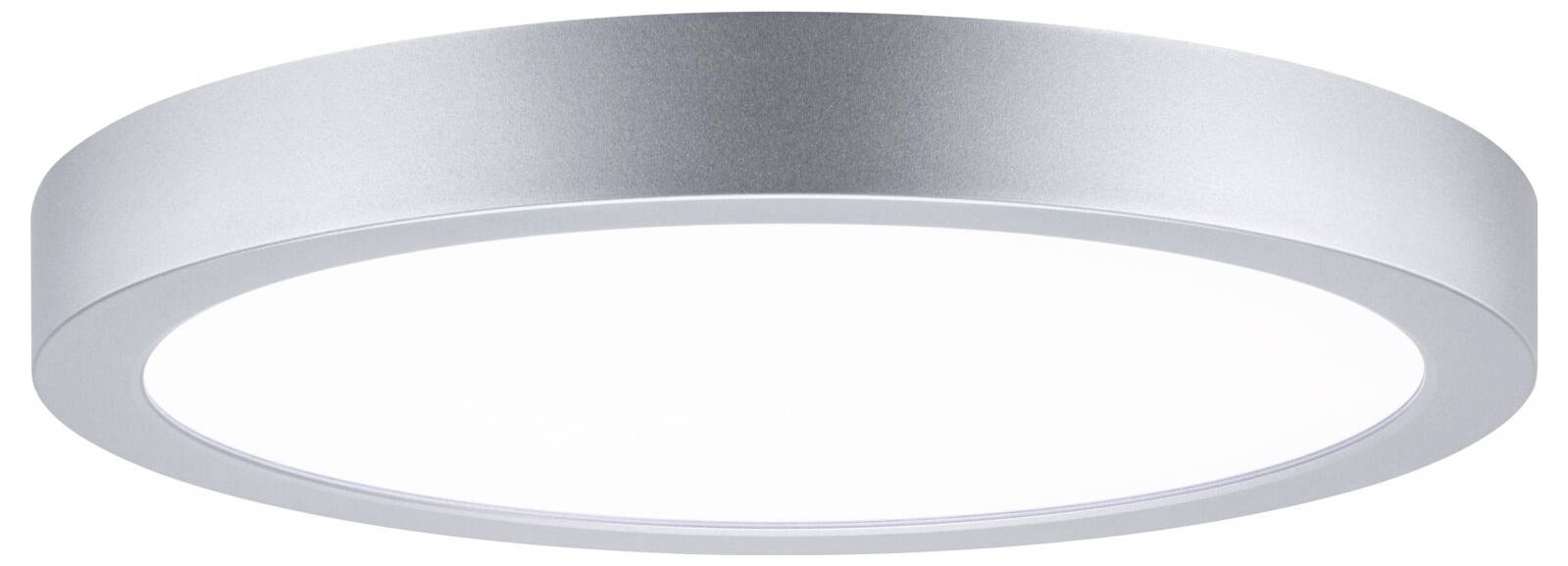 Luminaire de plafond rond argenté avec un diffuseur blanc large, présenté sur un fond uni.