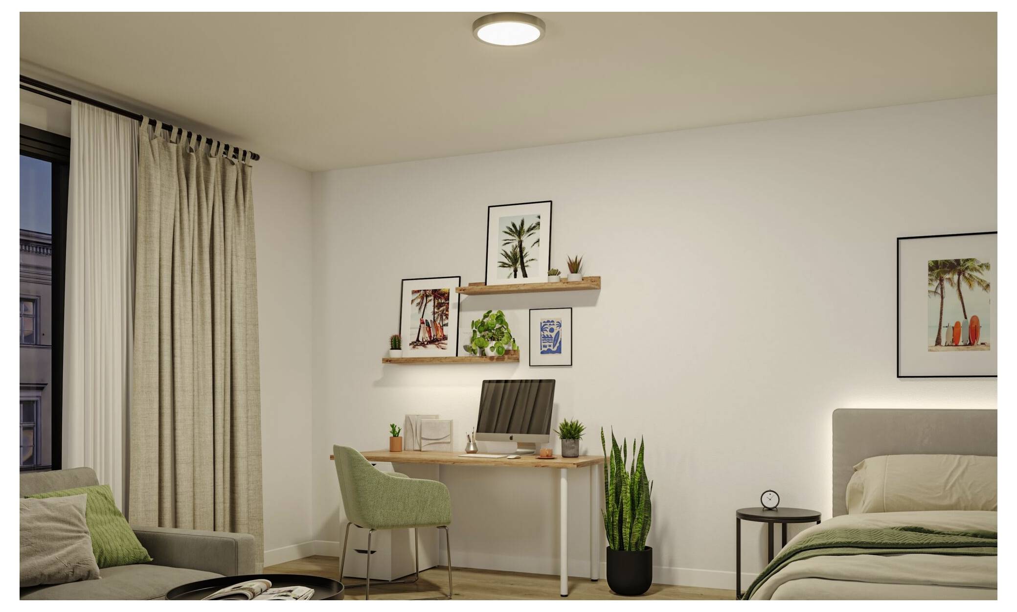 Panneau de lumière LED de plafond rectangulaire noir avec un diffuseur illuminé blanc, présenté en angle sur un fond blanc.