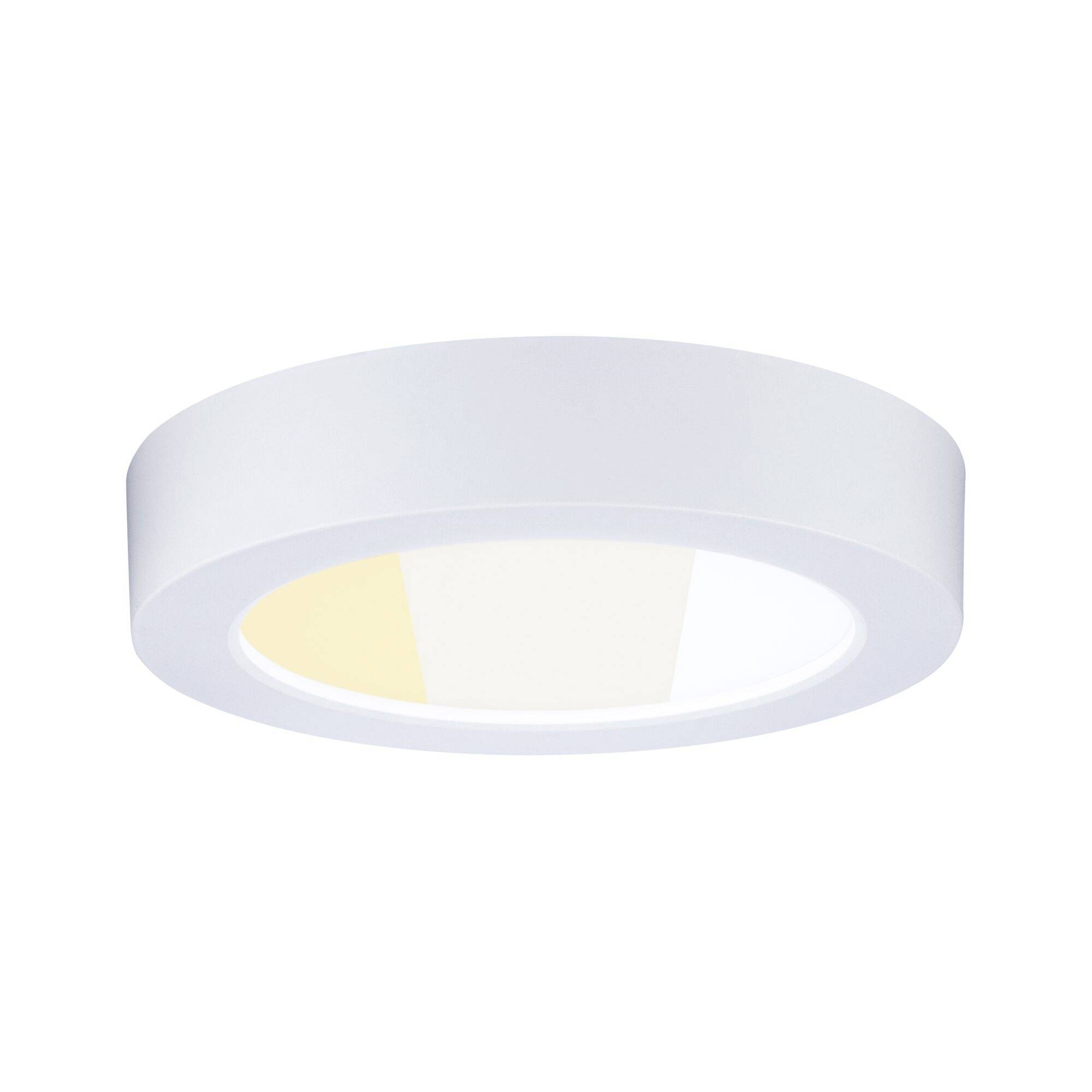 Luminaire de plafond minimaliste rond avec anneau extérieur blanc givré et une lueur jaune chaud à l'intérieur.