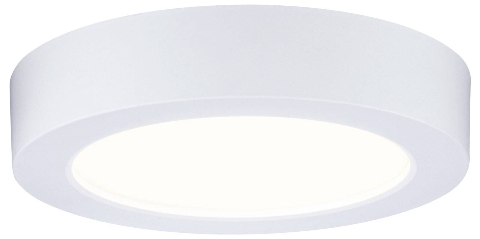 Luminaire de plafond blanc rond avec un panneau central luminescent, montré d'en bas.