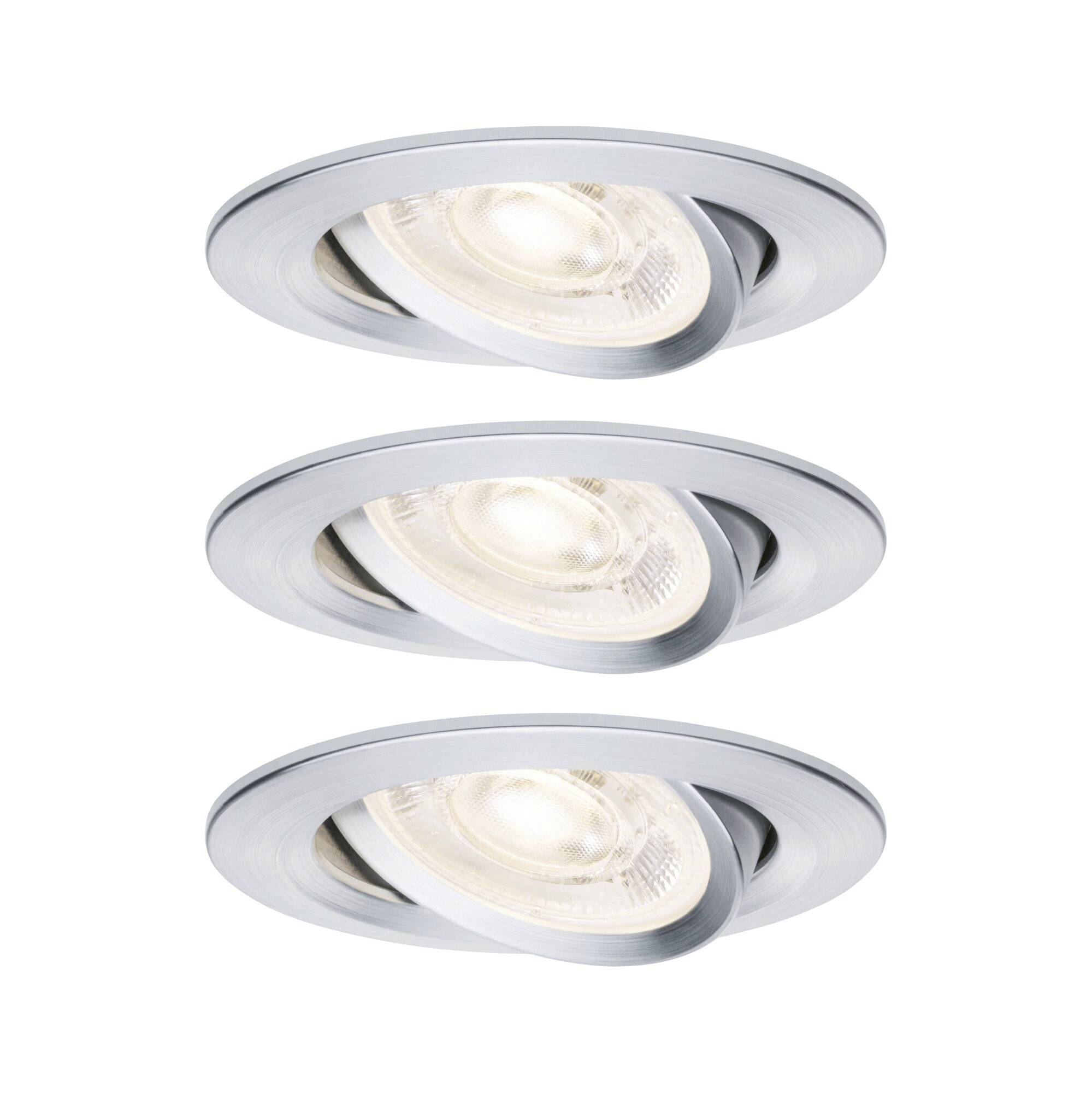 Trois projecteurs de plafond encastrés en argent brossé avec ampoules allumées, empilés verticalement sur un fond blanc.
