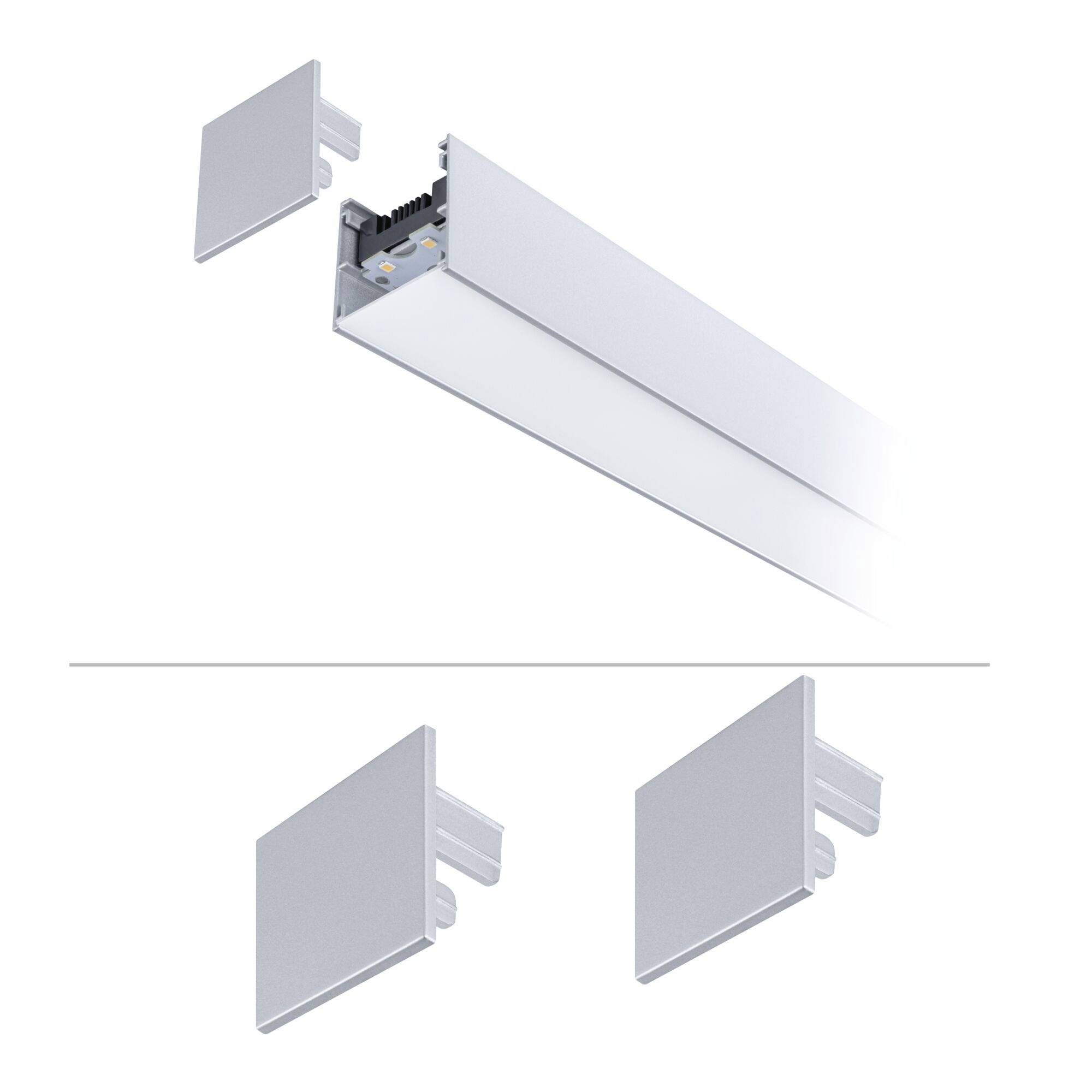 Vue éclatée d'un luminaire rectangulaire allongé avec des capots d'extrémité amovibles, montrant deux options de capots d'extrémité ci-dessous.