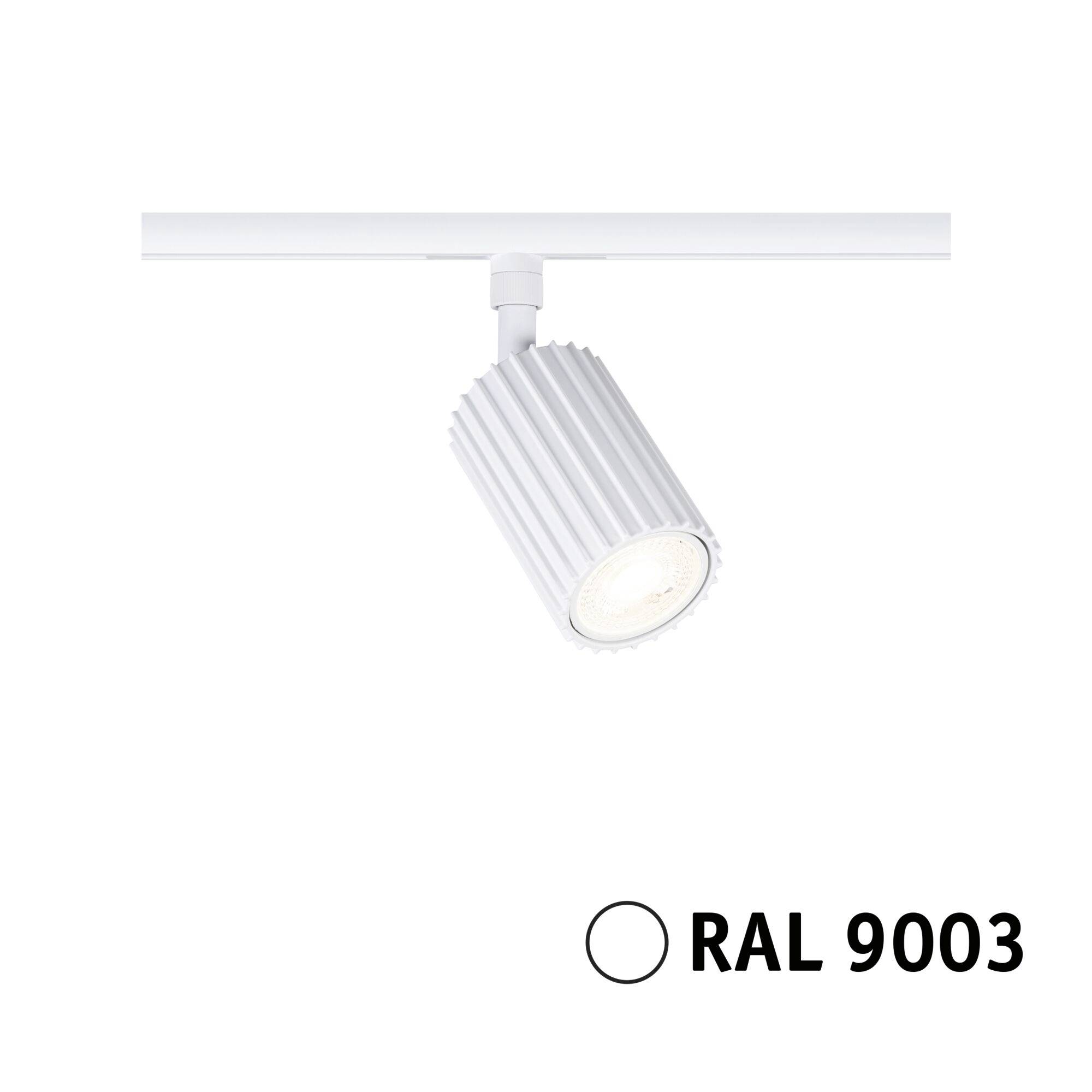 Projecteur cylindrique monté sur rail blanc étiqueté RAL 9003, présenté sur un fond blanc.