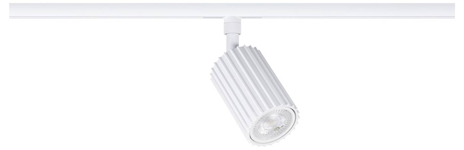 Un projecteur de rail orientable blanc monté sur un rail de plafond, incliné vers le bas.
