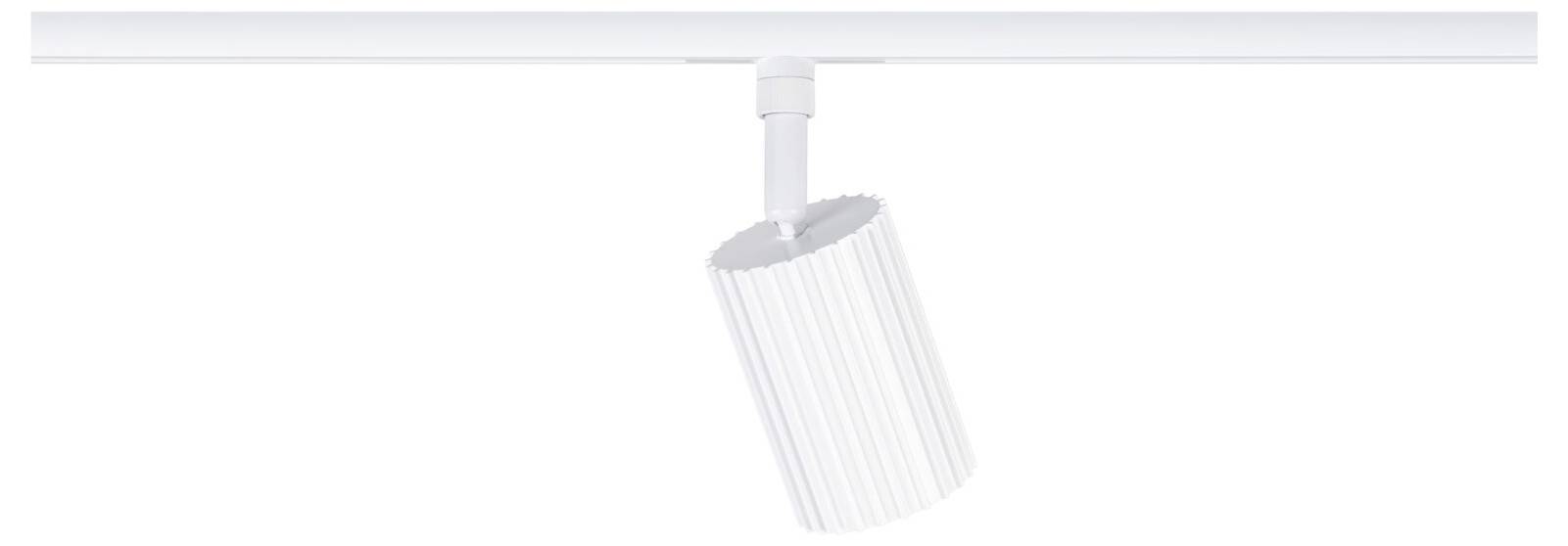 Projecteur cylindrique blanc monté sur un rail de plafond, orienté vers le bas sur un fond blanc uni.
