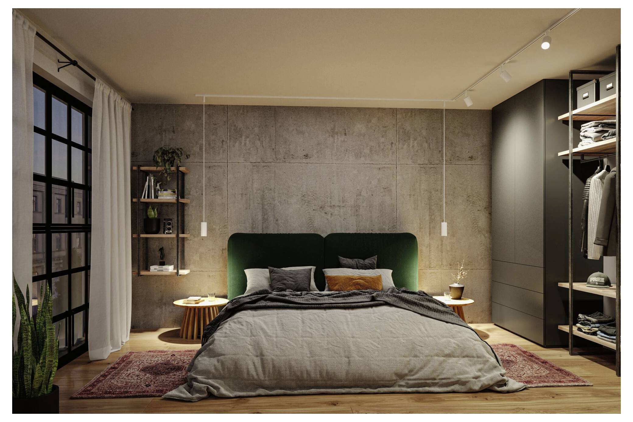 Chambre chic sous les toits avec un lit, une chaise, des étagères, des vêtements suspendus et des fenêtres de toit inclinées.