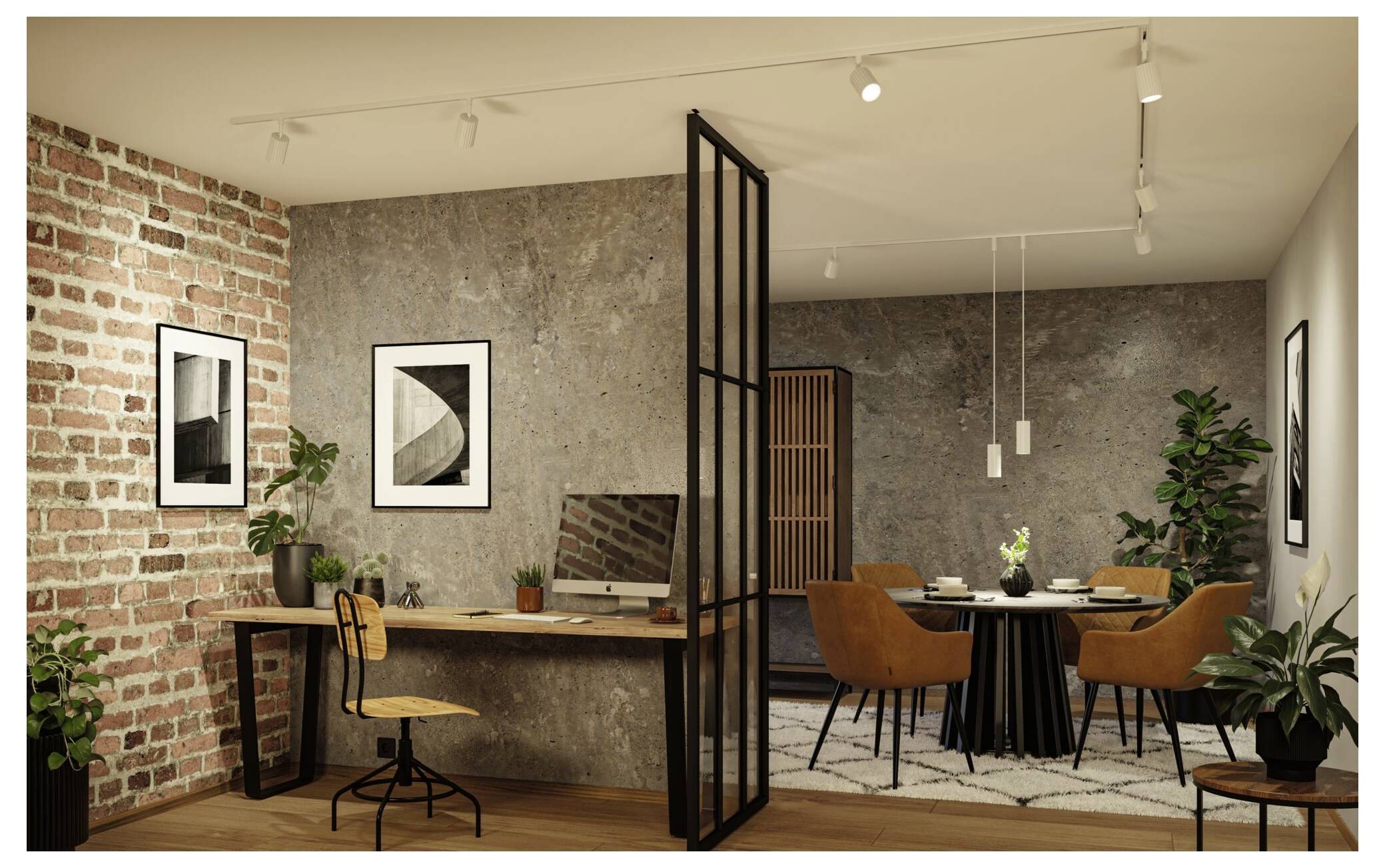 Intérieur de bureau ouvert et élégant avec espace de travail et bureau, table de réunion ronde, séparés par une cloison en verre teinté noir, murs en brique et béton, et plantes d'intérieur.