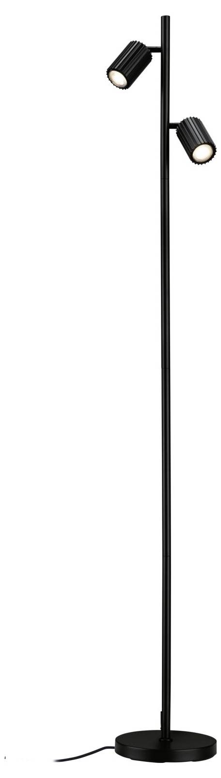 Lampadaire noir avec deux têtes de projecteurs ajustables sur une base ronde, présenté sur un fond blanc.