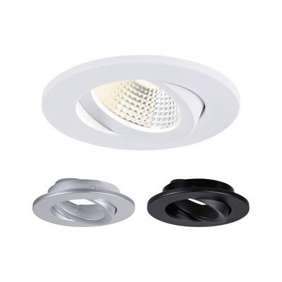 Trois garnitures de spots encastrés ajustables en blanc, argent et noir, présentant un design de projecteur orientable.