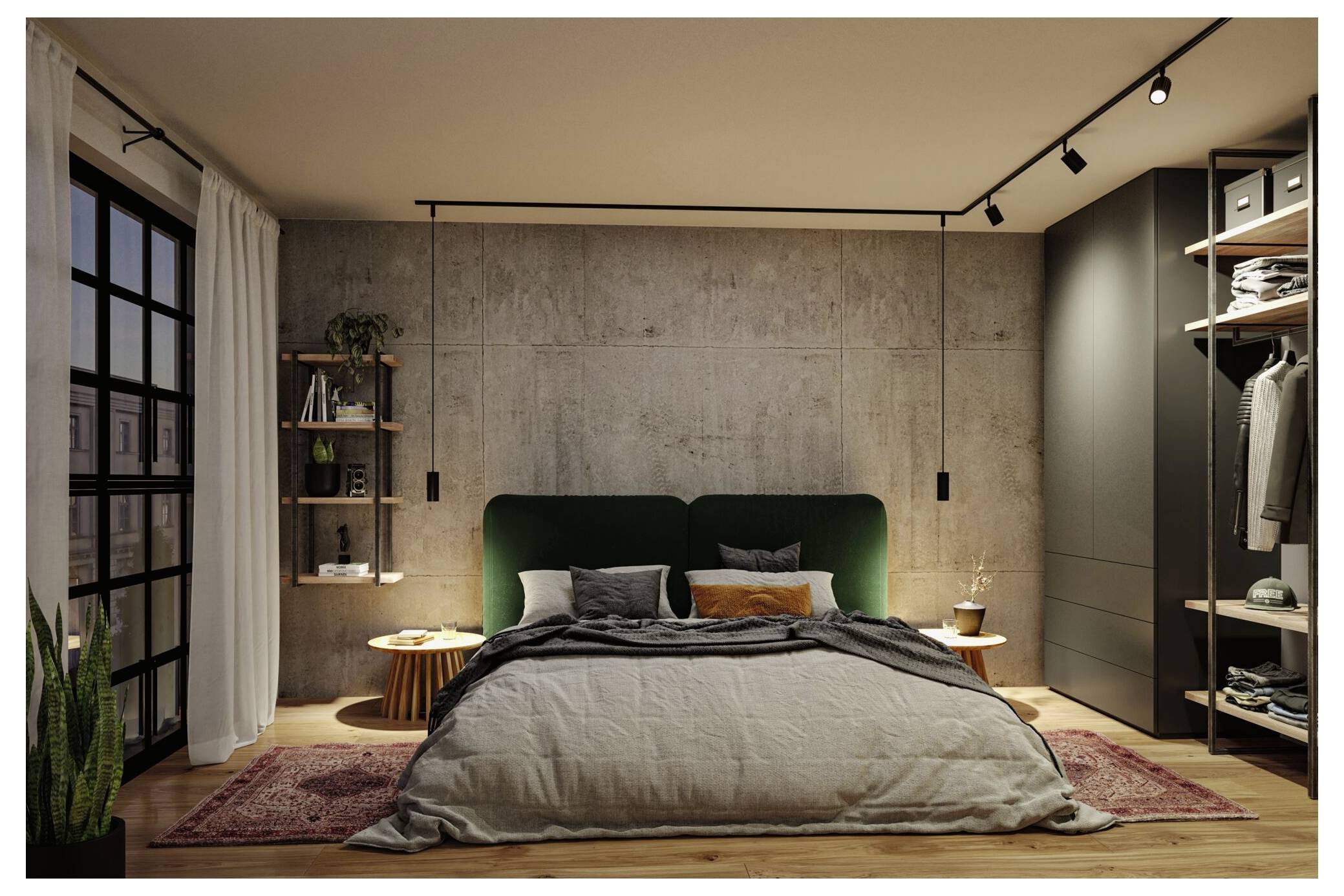 Chambre moderne avec un lit bas, une tête de lit en tissu vert, un mur en béton, des luminaires suspendus, une fenêtre, des étagères et une armoire ouverte.