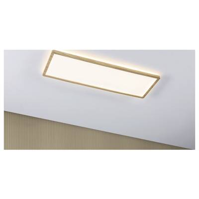 Luminaire de plafond encastré rectangulaire moderne avec cadre de couleur bois chaud, présenté sur un plafond blanc au-dessus d'un mur beige.