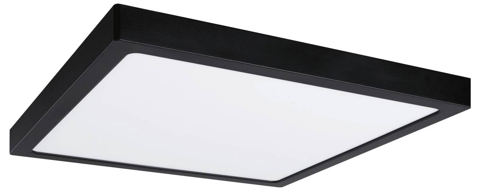 Panneau lumineux de plafond LED rectangulaire noir avec diffuseur blanc, présenté en angle.