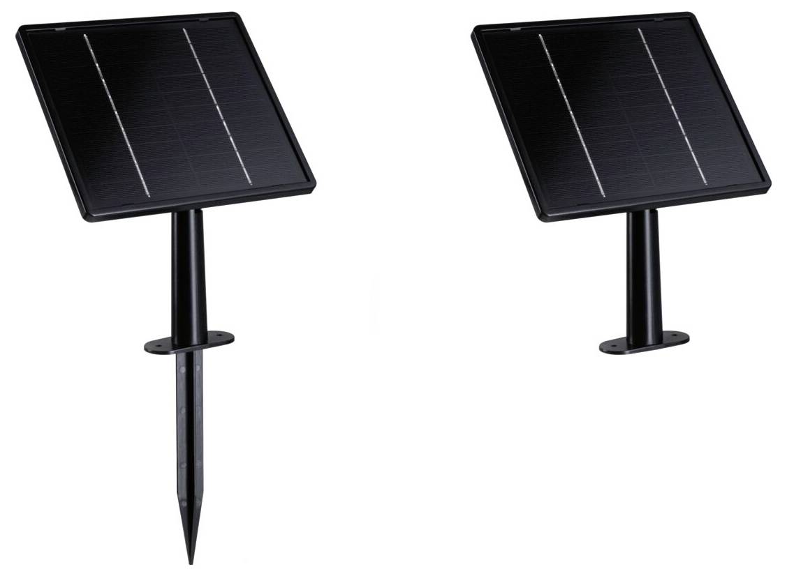 Deux poteaux solaires noirs alimentés par l'énergie solaire avec des panneaux rectangulaires inclinés montés sur des piquets, présentés côte à côte sur un fond blanc.