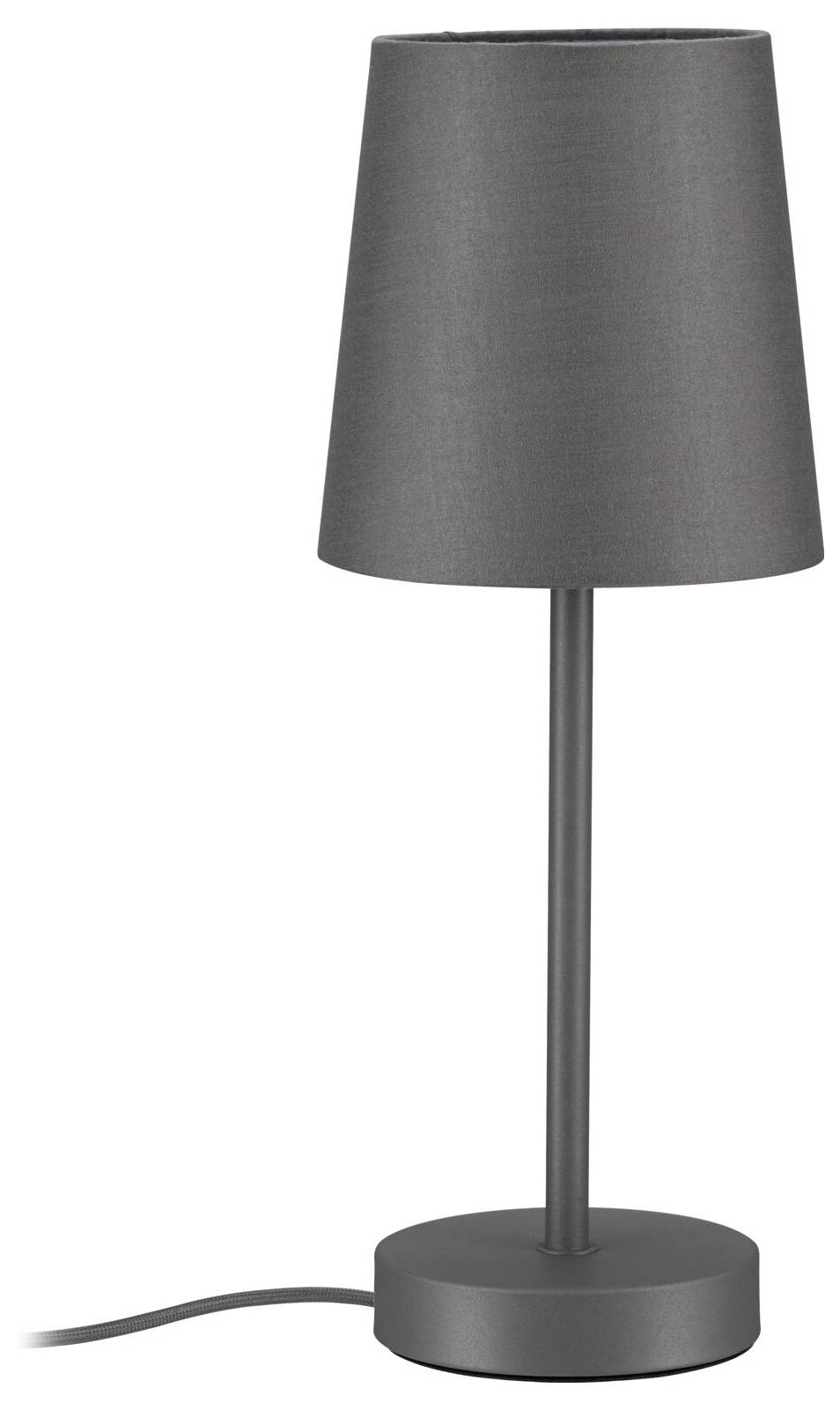 Lampe de table gris foncé avec abat-jour conique, tige élancée, base ronde et cordon d'alimentation visible sur un fond blanc