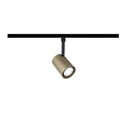Un projecteur de piste cylindrique doré monté sur un rail de plafond noir, incliné vers le bas sur fond blanc.