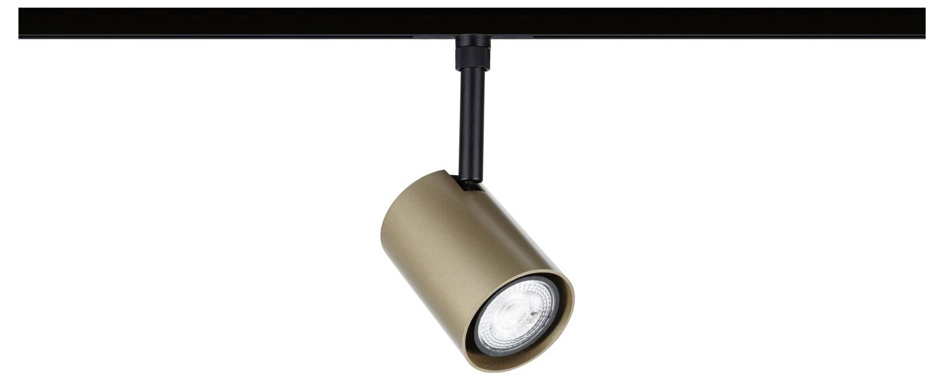 Luminaire sur rail de plafond noir, finition dorée, orienté vers le bas sur fond blanc.