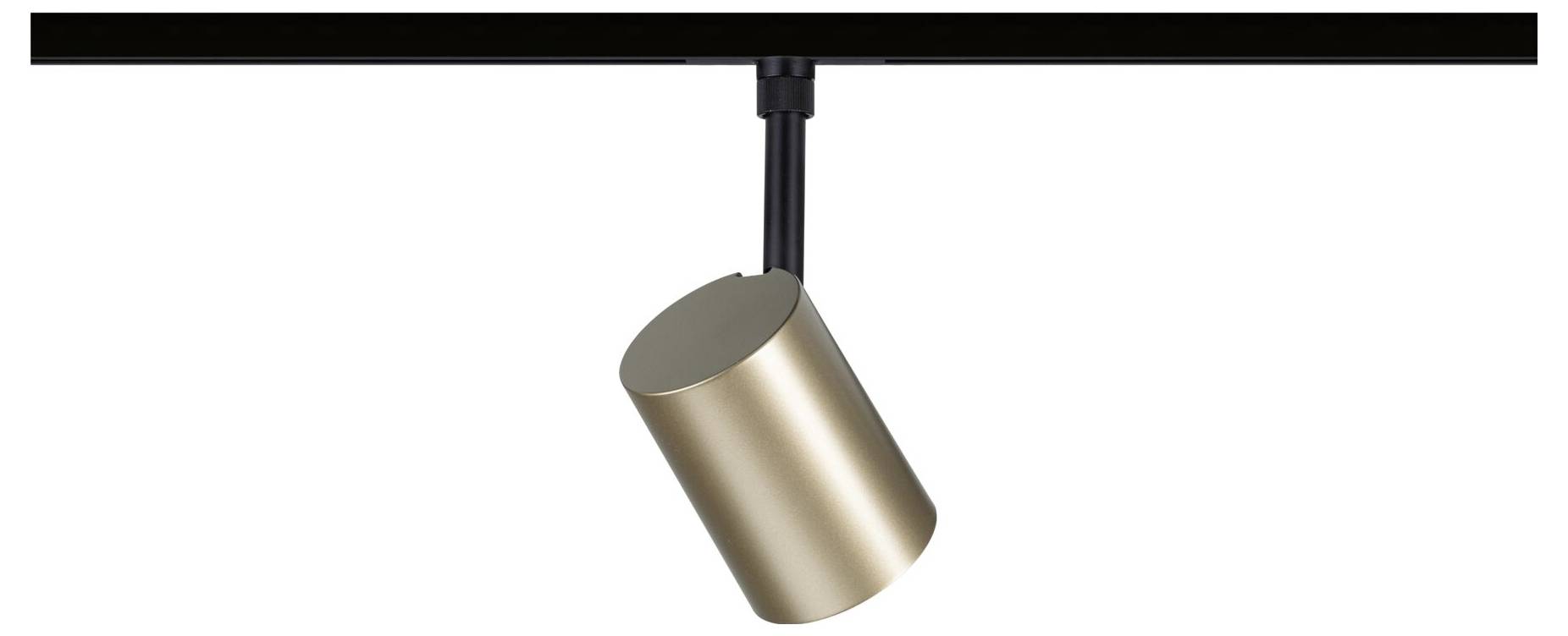 Luminaire à projecteur unique monté sur une piste de plafond, orienté vers le bas sur un fond blanc.