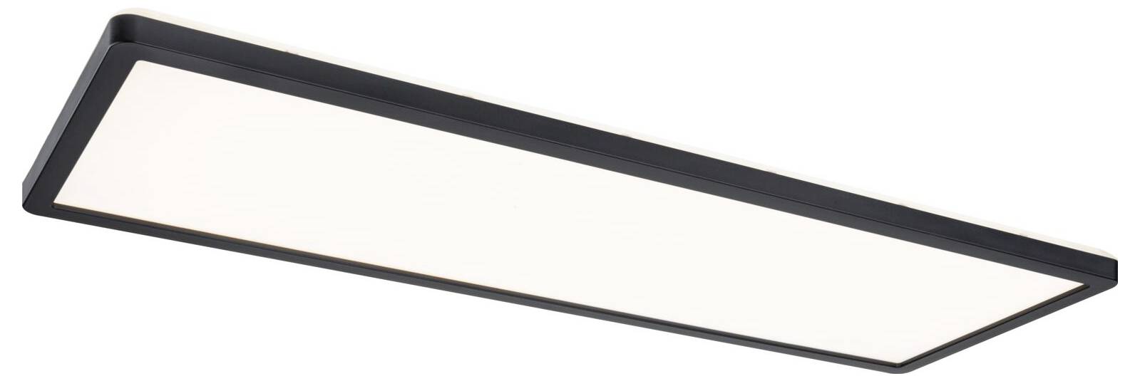 Luminaire de plafond LED rectangulaire et fin avec diffuseur blanc et cadre foncé, présenté sous un angle sur un fond uni.