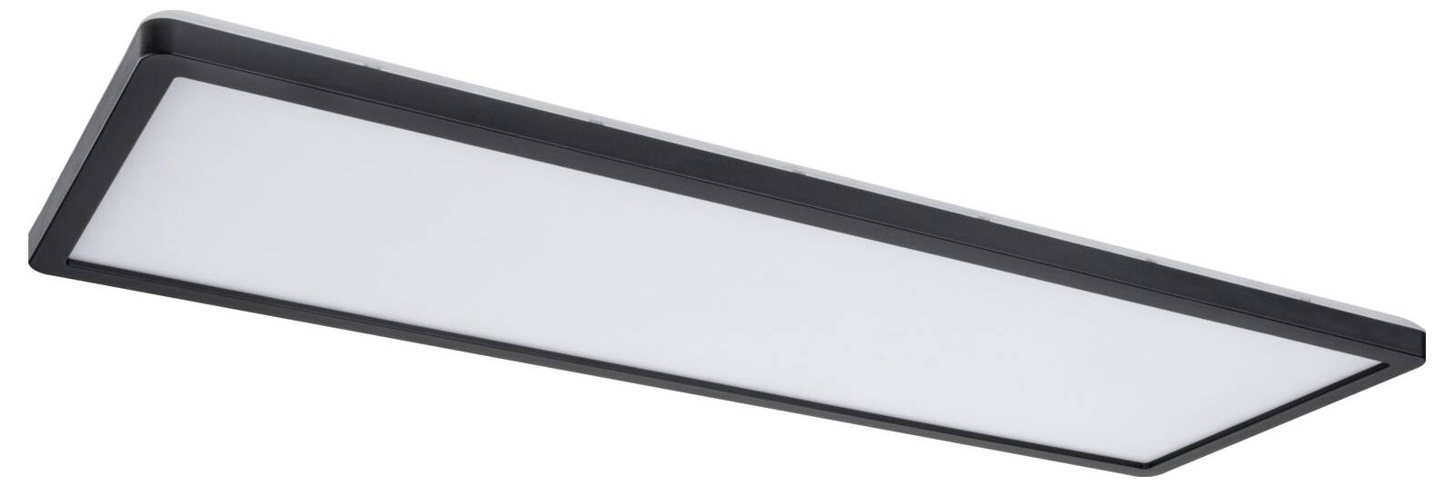 Luminaire de plafond LED rectangulaire avec un cadre noir fin et un panneau blanc diffusant, présenté sur un fond blanc.