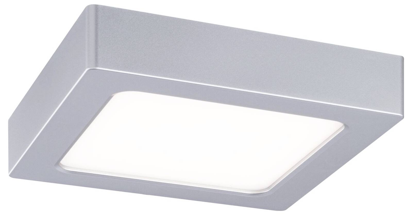 Luminaire de plafond carré moderne avec cadre argenté et diffuseur dépoli, présenté sur fond blanc.