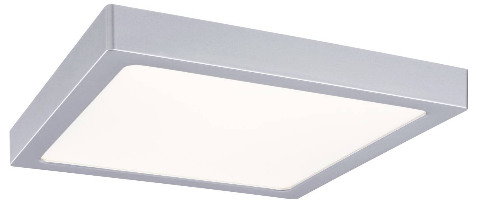Luminaire de plafond encastré carré moderne avec cadre argenté et diffuseur blanc dépoli, présenté sur fond blanc.