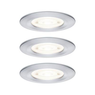Trois luminaires de plafond encastrés circulaires avec finition chromée brossée, présentés empilés verticalement sur un fond blanc.