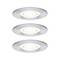 Trois luminaires de plafond encastrés circulaires avec finition chromée brossée, présentés empilés verticalement sur un fond blanc.