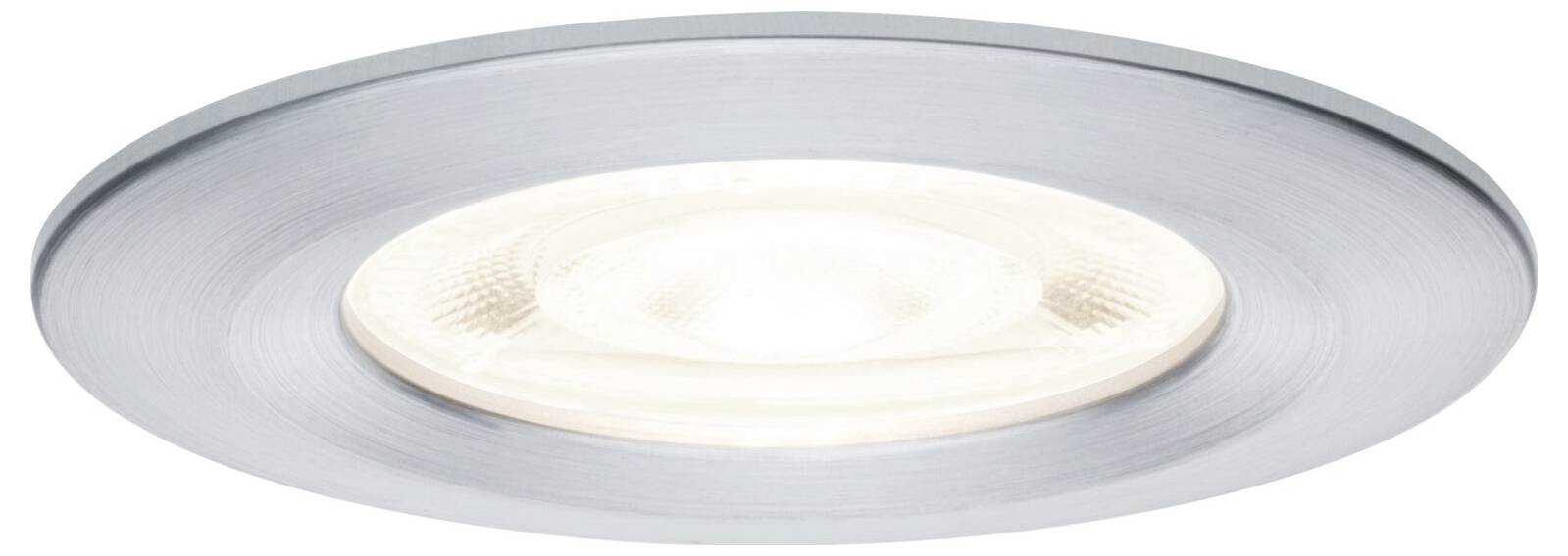 Luminaire de plafond encastré rond avec garniture argentée et diffuseur givré, montré illuminé sur fond blanc.