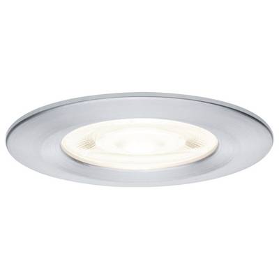 Luminaire de plafond encastré rond avec garniture argentée et diffuseur givré, montré illuminé sur fond blanc.