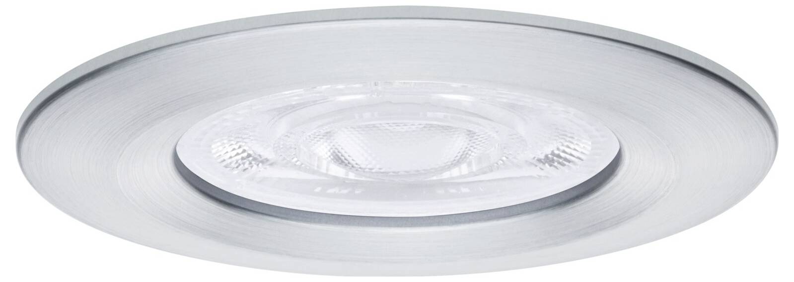 Un luminaire de plafond encastré rond avec un cadre en argent brossé et une lentille centrale transparente.