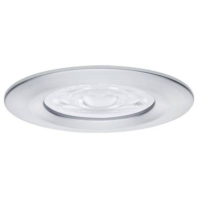 Un luminaire de plafond encastré rond avec un cadre en argent brossé et une lentille centrale transparente.