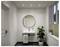Salle de bain minimaliste moderne avec lavabo suspendu, miroir rond, serviette, plante en pot et fenêtre avec stores.