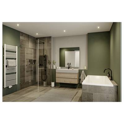 Salle de bain moderne avec murs verts, douche à l'italienne, double vasque, radiateur sèche-serviettes et baignoire îlot sur la droite.